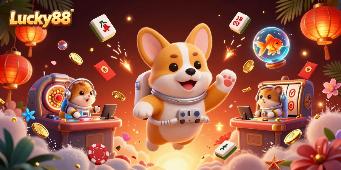 Experience gaming excitement with Lucky88 in this vibrant 3D casino scene featuring fun characters and dynamic elements.