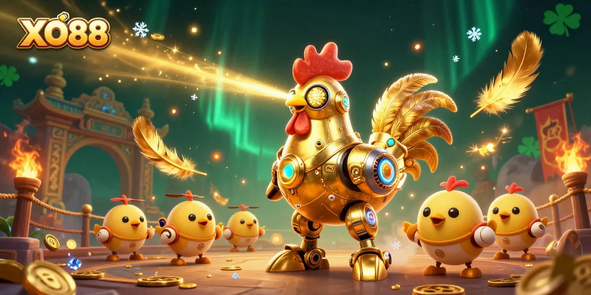 Experience the excitement of XO88 with a futuristic golden rooster robot and lively baby chick drones in a vibrant casino scene.
