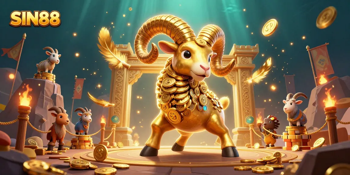 SIN88 offers exciting casino experiences with a golden ram charging through a dynamic gambling arena.