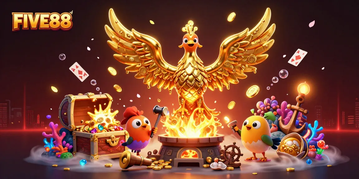 Experience the thrill of gaming at FIVE88, where a phoenix of gold symbolizes fortune amidst vibrant casino elements.