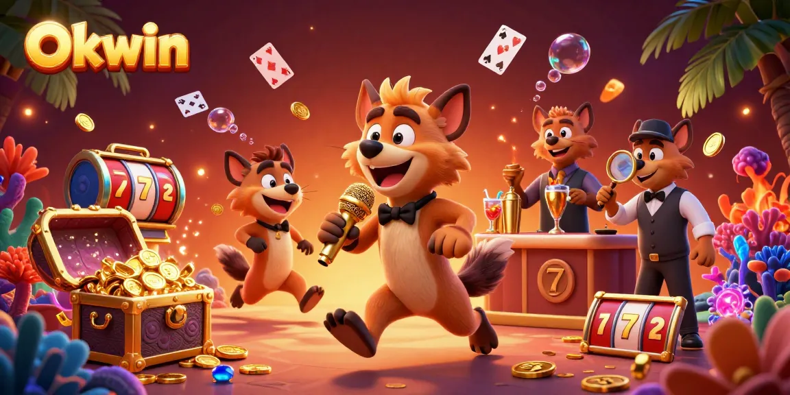 Okwin hyenas entertain in a vibrant casino scene with games and treasures scattered throughout.