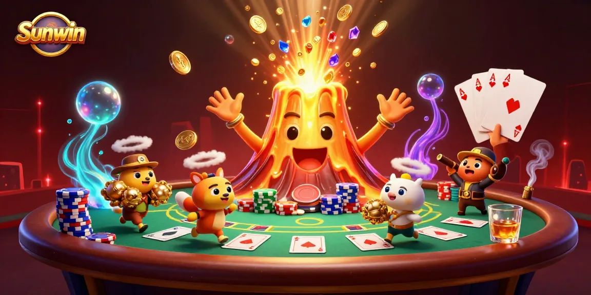 Experience thrilling wins with Sunwin in a vibrant casino scene featuring treasure and poker elements.