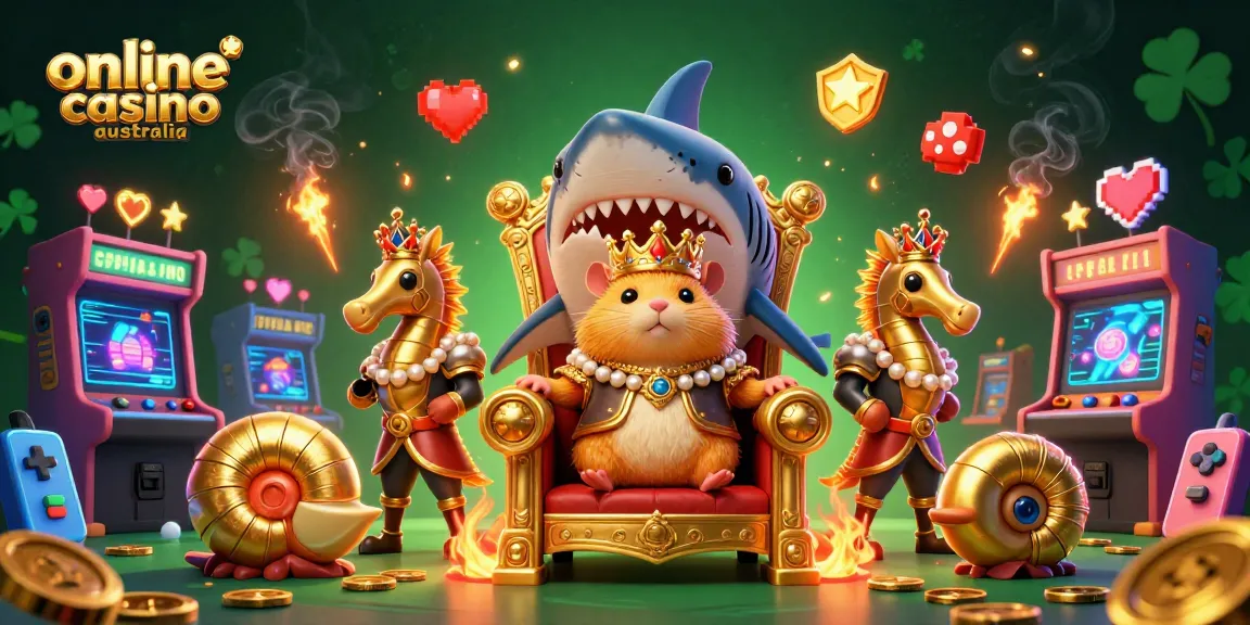 Engage in the excitement of online casino Australia with an illustration of a golden hamster king and seahorse guards.