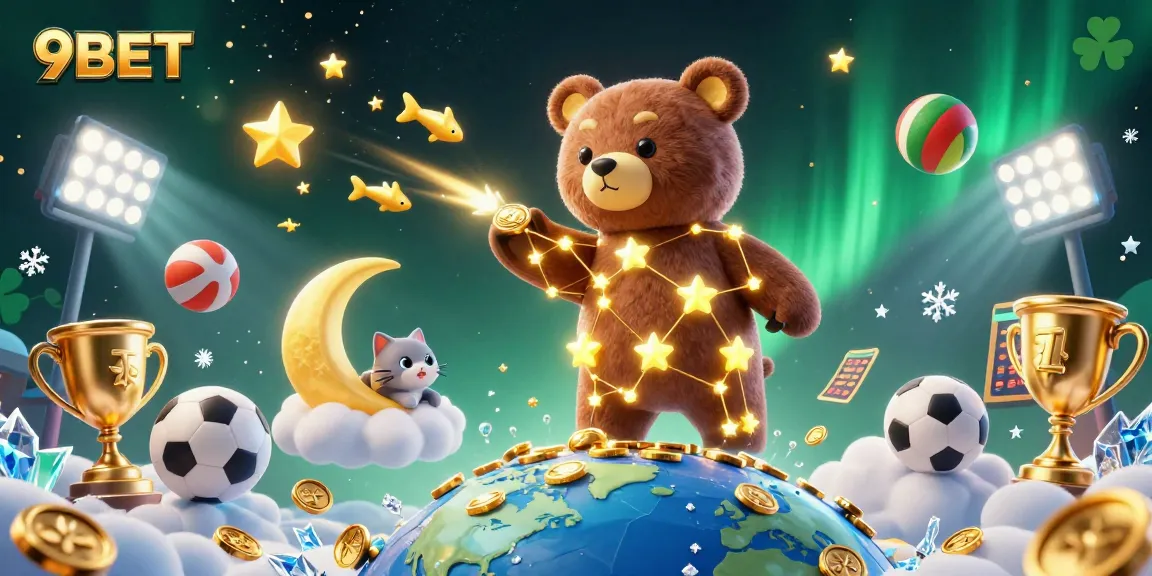 Engage with 9BET's vibrant gaming scene featuring a constellation bear and dynamic sports elements.