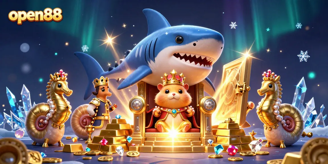 Experience the excitement of open88 with a vibrant 3D scene featuring a golden hamster king and treasure vault.