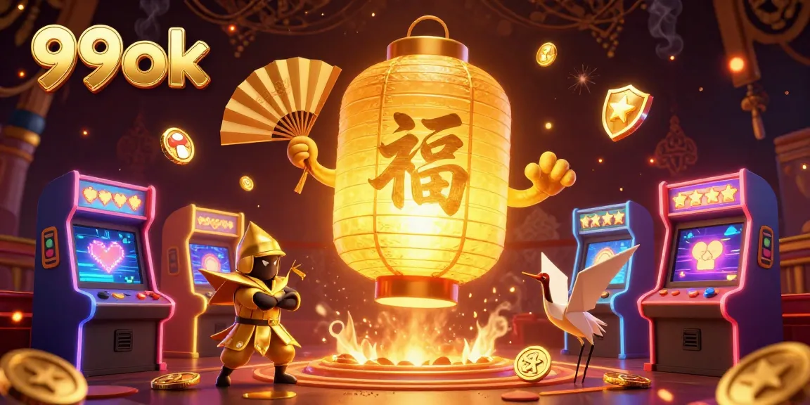 Engage in thrilling gaming adventures at 99ok's vibrant casino, featuring golden lanterns and retro arcade elements.