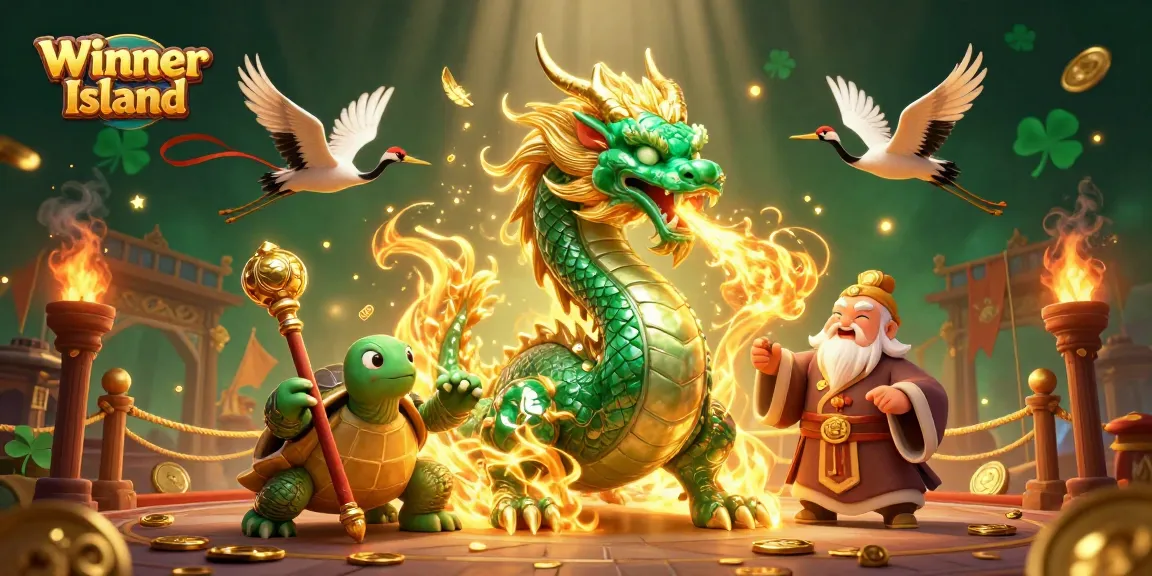 Experience the excitement of Winner Island casino with a vibrant illustration featuring a jade dragon, turtle sage, and lucky cranes.
