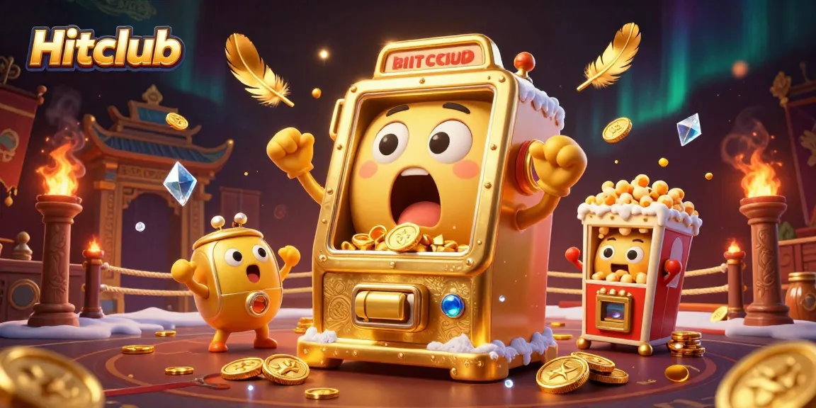 Hitclub slot machine hits jackpot, pouring coins with excitement in a lively casino scene.