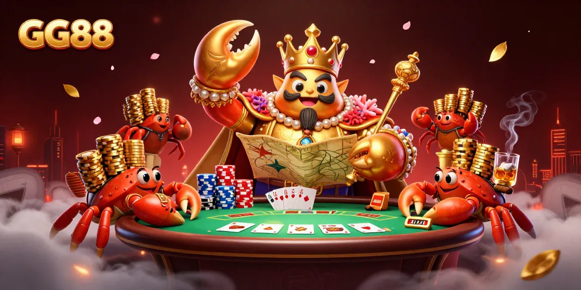 Experience high-stakes poker action with GG88's golden crab emperor leading the game.