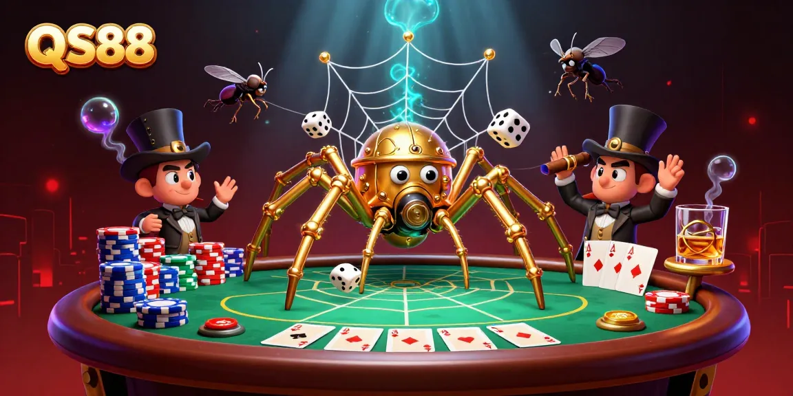 Catch thrilling action in QS88's exciting casino scene featuring poker elements and a whimsical spider.