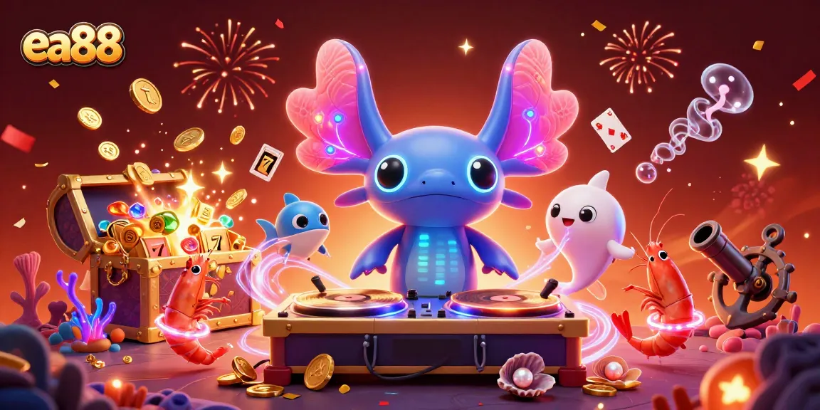 Experience ea88's vibrant casino world with colorful axolotl DJ and exciting slot elements.