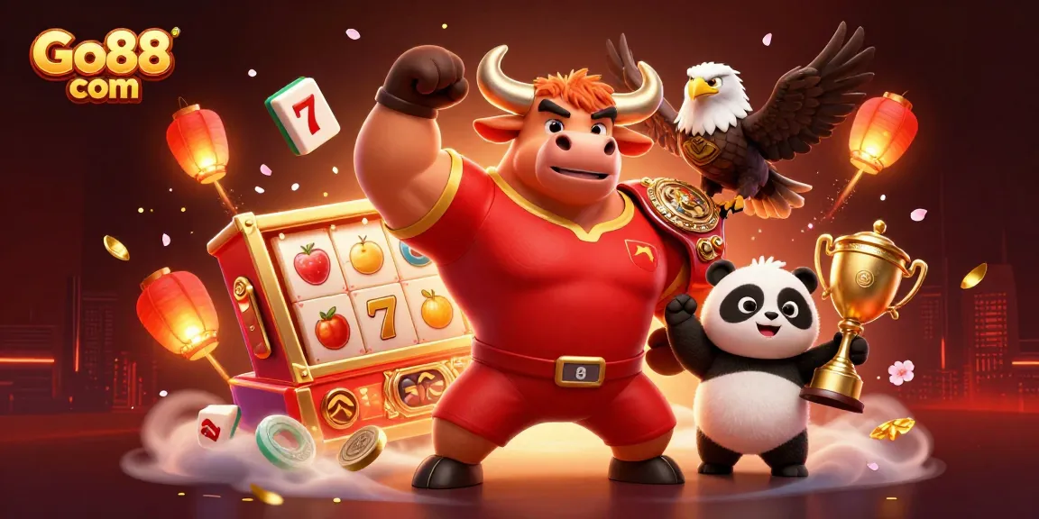 Engage with Go88 com's vibrant slot games featuring a victorious bull mascot surrounded by gold coins and trophies.