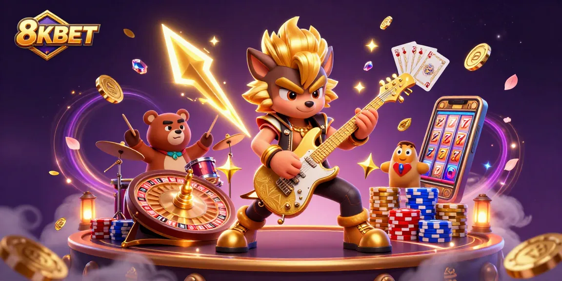 Experience casino excitement with 8KBET's vibrant illustration of a rock star wolf and drummer bear.