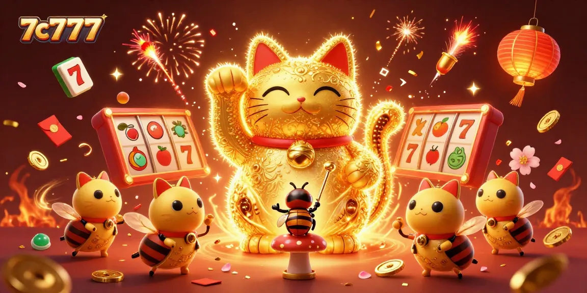 Experience the excitement as 7c7777 delights players with vibrant casino symbols and a lucky charm scene.