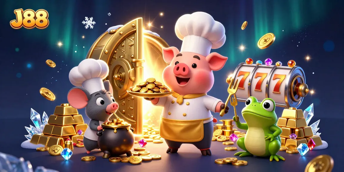 Engage with the vibrant J88 casino experience, featuring gold coins and lively gambling elements.
