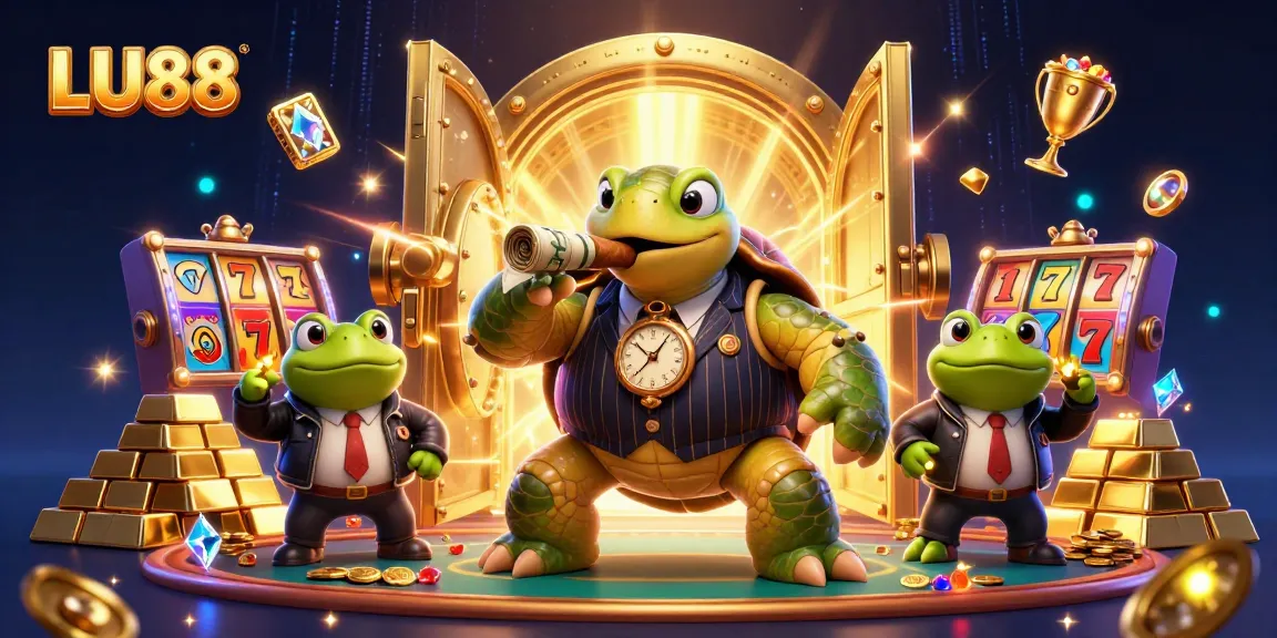 LU88 Casino scene with a snapping turtle mobster, bullfrog enforcers, and slot machine elements.