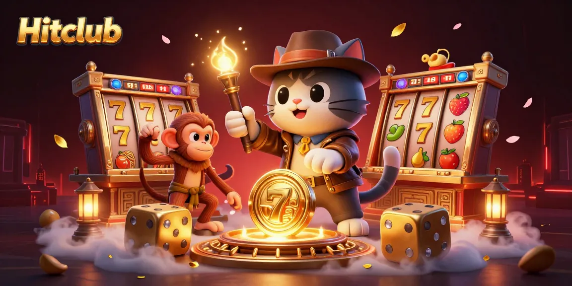 Engage with Hitclub's vibrant casino scene featuring an archaeologist cat and lucky symbols.