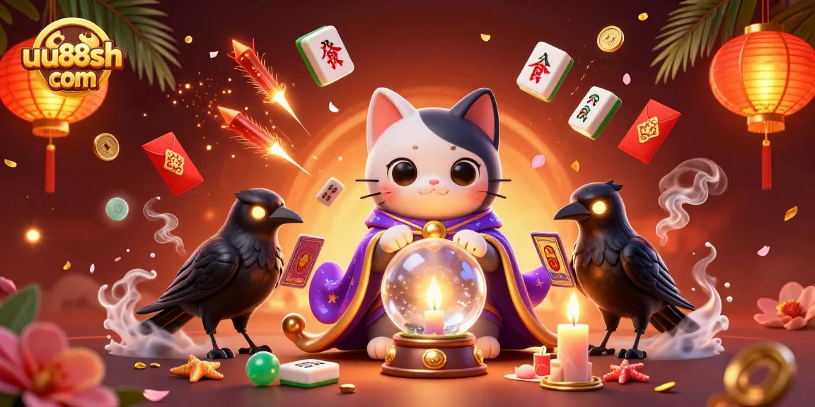 Win big at uu88sh com with engaging 3D illustration showcasing a fortune teller cat and glowing raven, inspiring luck.