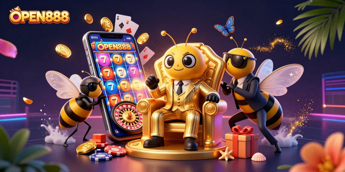 Experience thrilling gameplay at OPEN888 with colorful slot games, golden coins, and exciting casino elements.