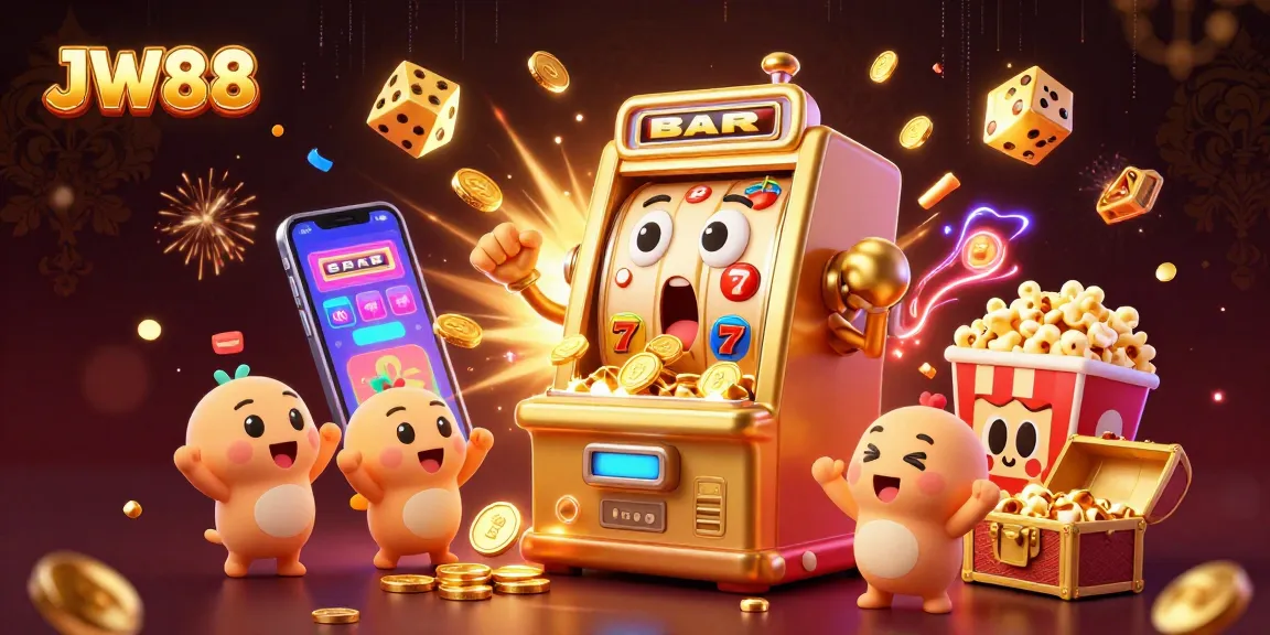 Experience the thrill of JW88 with a vibrant 3D scene featuring joyful slot machines and coins.