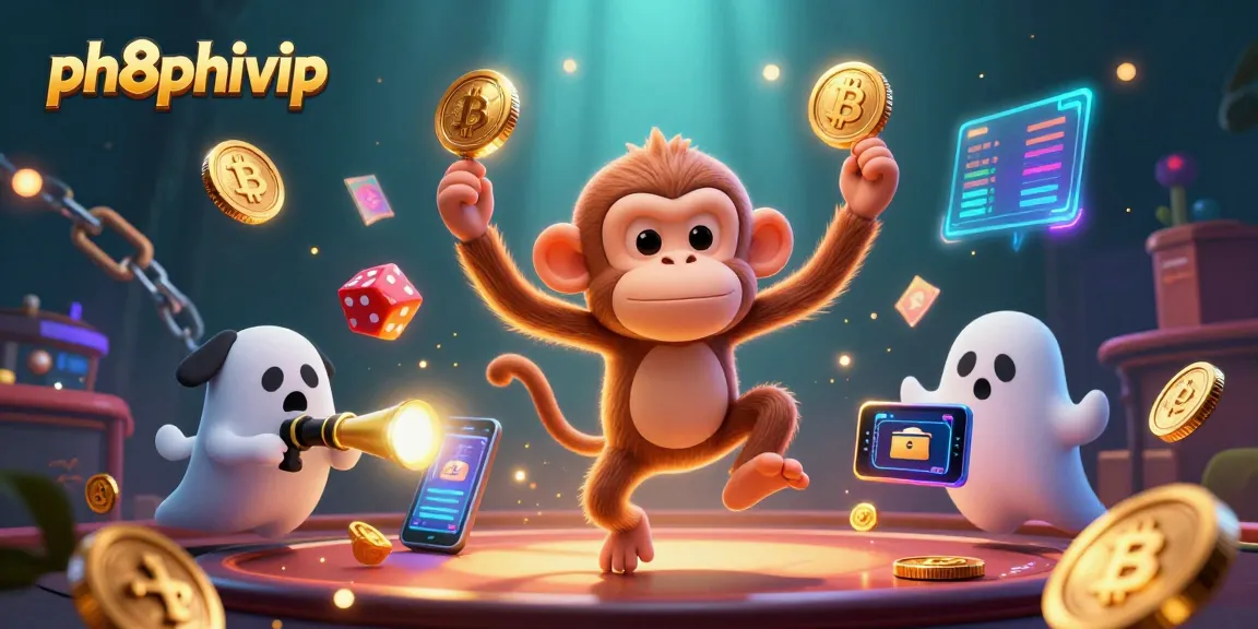 Win at ph8phivip with a mischievous poltergeist monkey and a ghost-hunter puppy in a haunted casino scene.