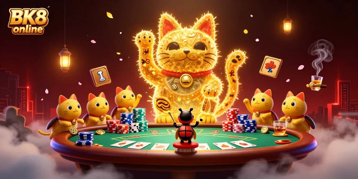 Experience BK8 online with a fiery lucky cat and vibrant poker elements in this thrilling illustration.