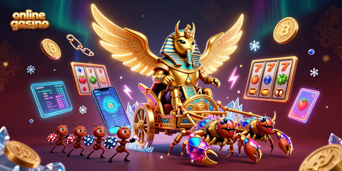 Engage with online casino games au featuring a golden scarab beetle and scorpions amidst crypto elements.