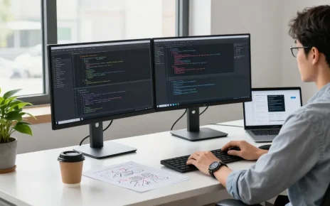 Build internal tools with AI in a modern tech workspace, capturing the essence of software development.