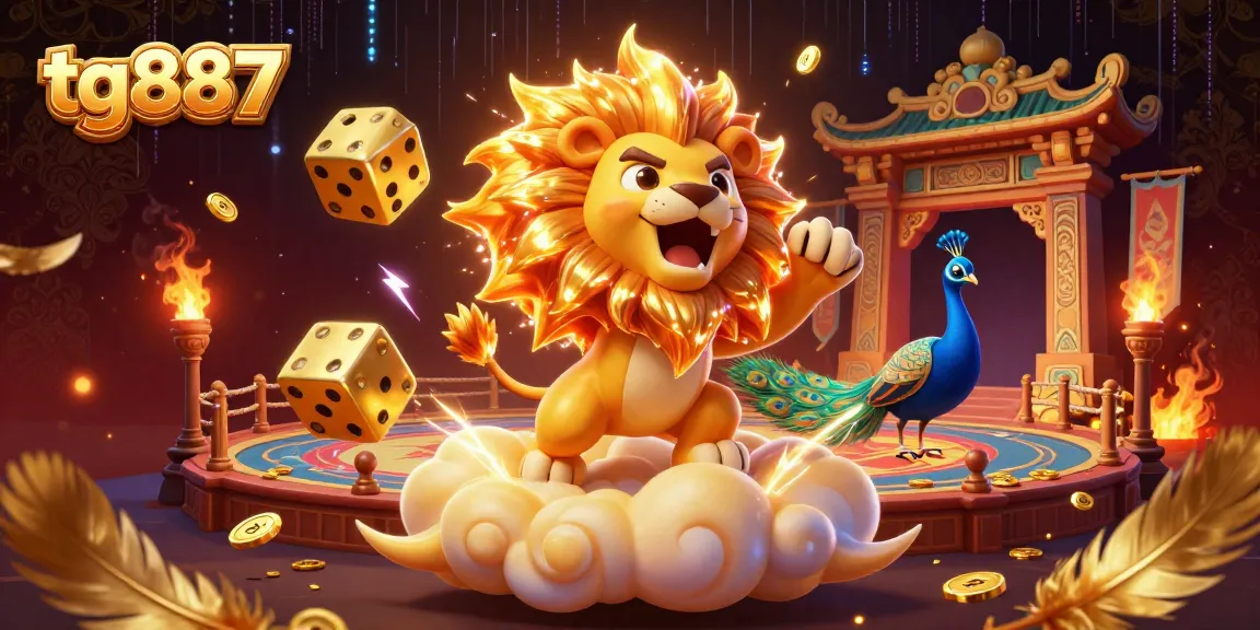 Engage in thrilling casino games with tg887, a playful lion character and golden dice creating excitement.