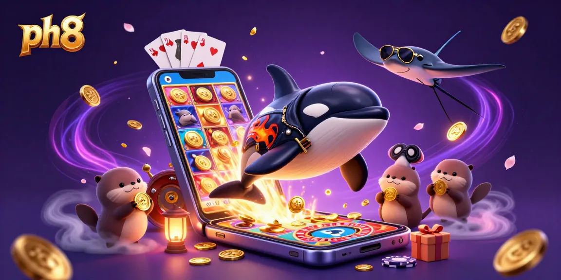 Experience thrilling gaming action at ph8 with a vibrant 3D scene filled with lucky symbols and characters.