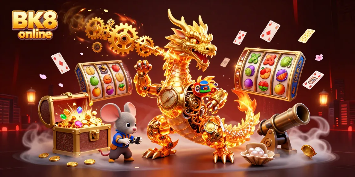 Engage in immersive gameplay at BK8 online with a golden dragon amid a treasure-filled casino scene.