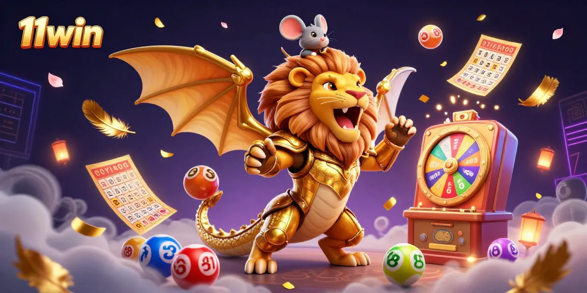 Experience the thrill of 11win with a dynamic illustration showcasing casino excitement and vibrant lottery elements.
