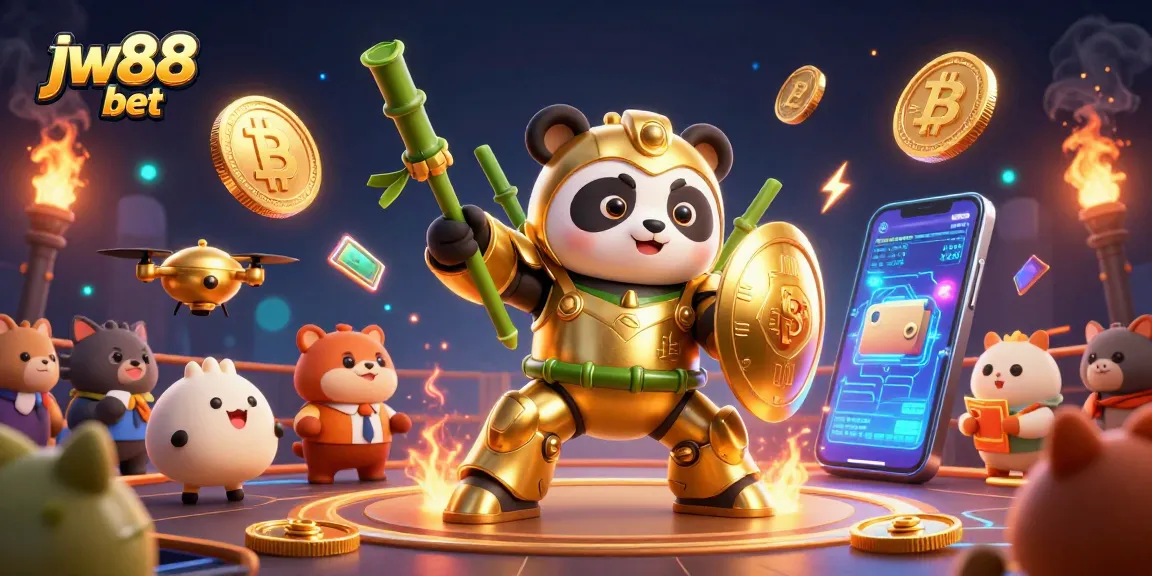 Engage in the exciting world of jw88 bet with a 3D golden panda in a vibrant casino arena.