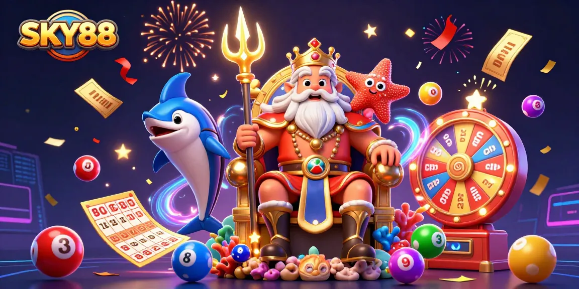 Engage with SKY88's vibrant 3D gambling scene featuring Neptune and dynamic lottery elements.