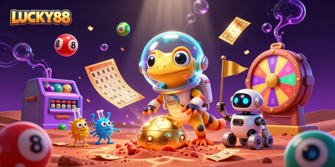 LUCKY88 showcases a Martian gecko discovering a golden casino with vibrant lottery elements.