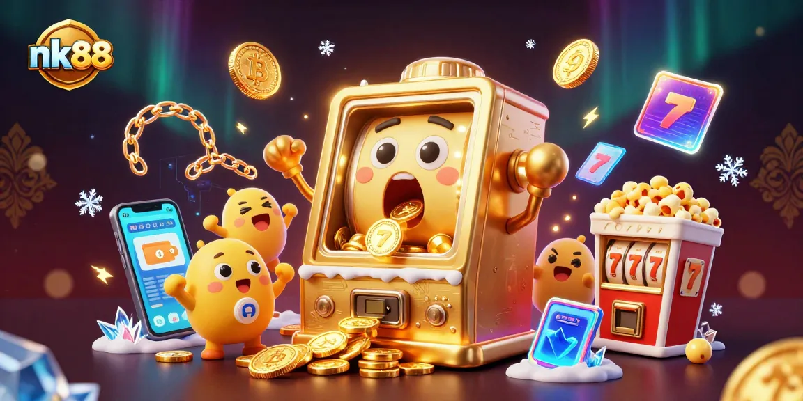 Celebrate big wins with nk88's fabulous slot machine hitting the jackpot amidst glowing coins and playful characters.